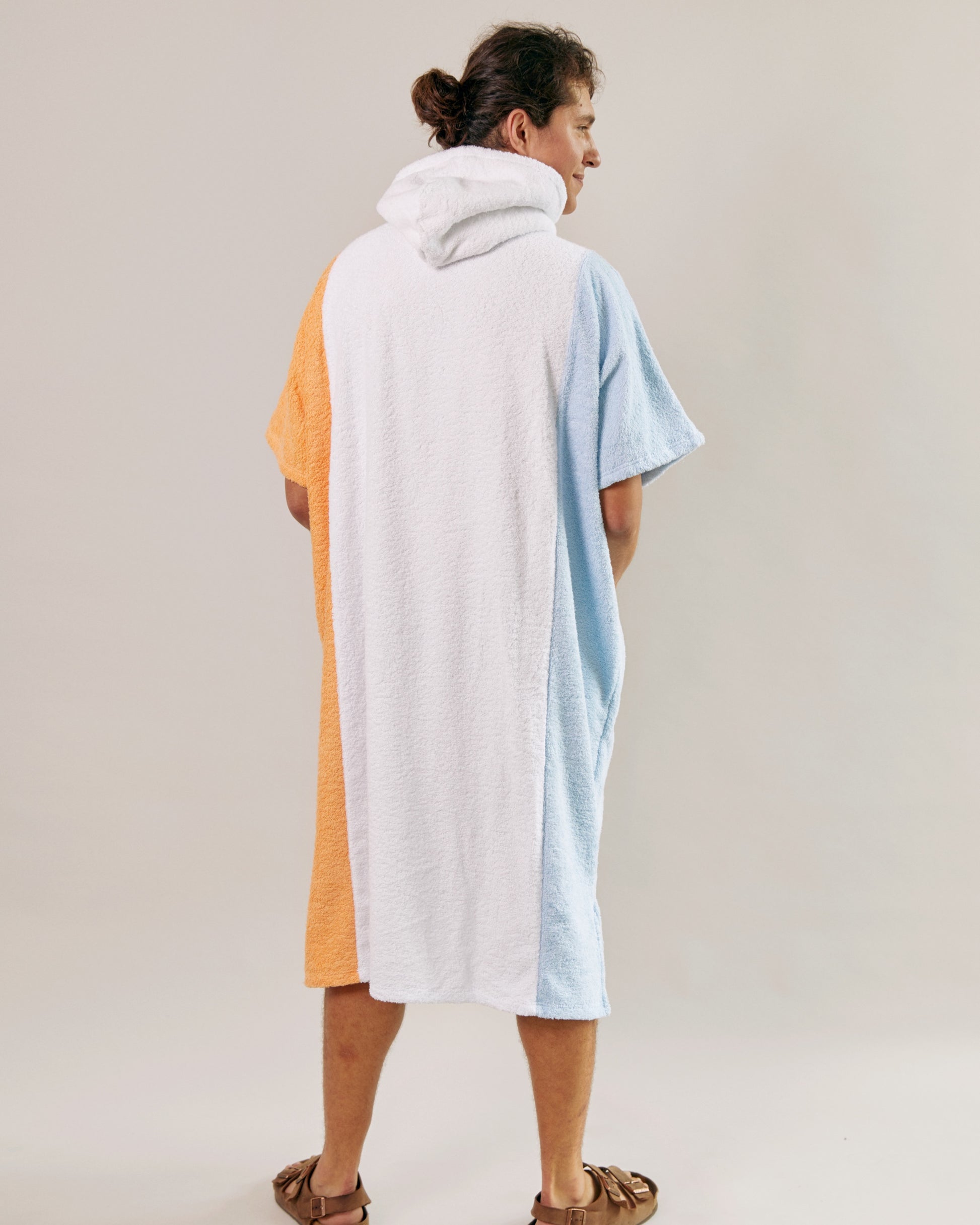 towel poncho blue white orange back