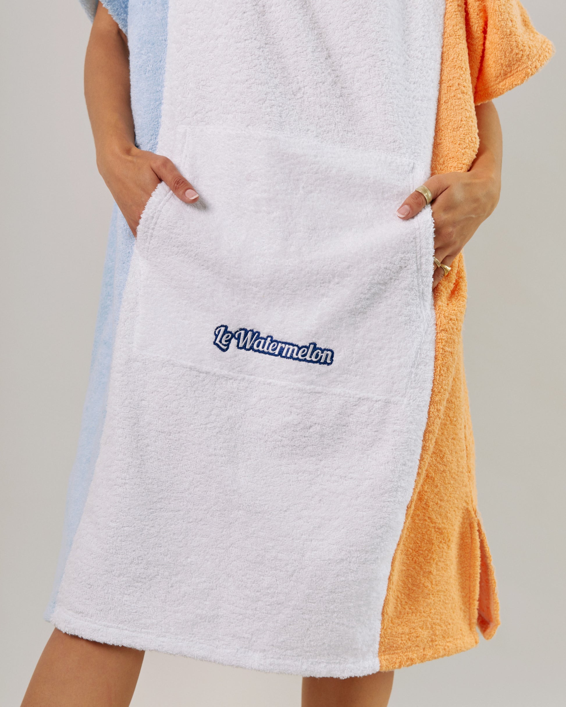 towel poncho blue white orange pouch