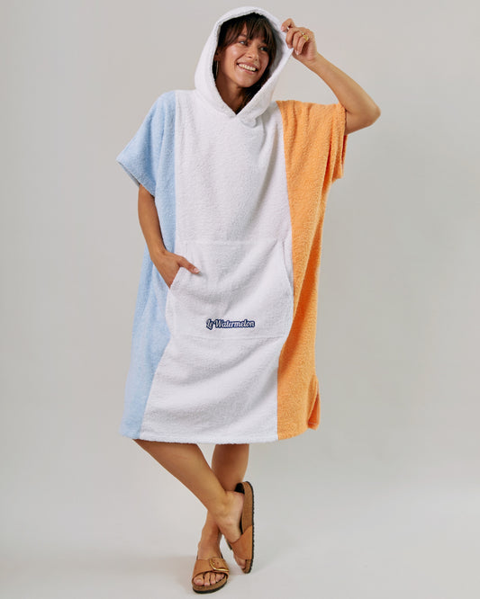 towel poncho blue white orange womens